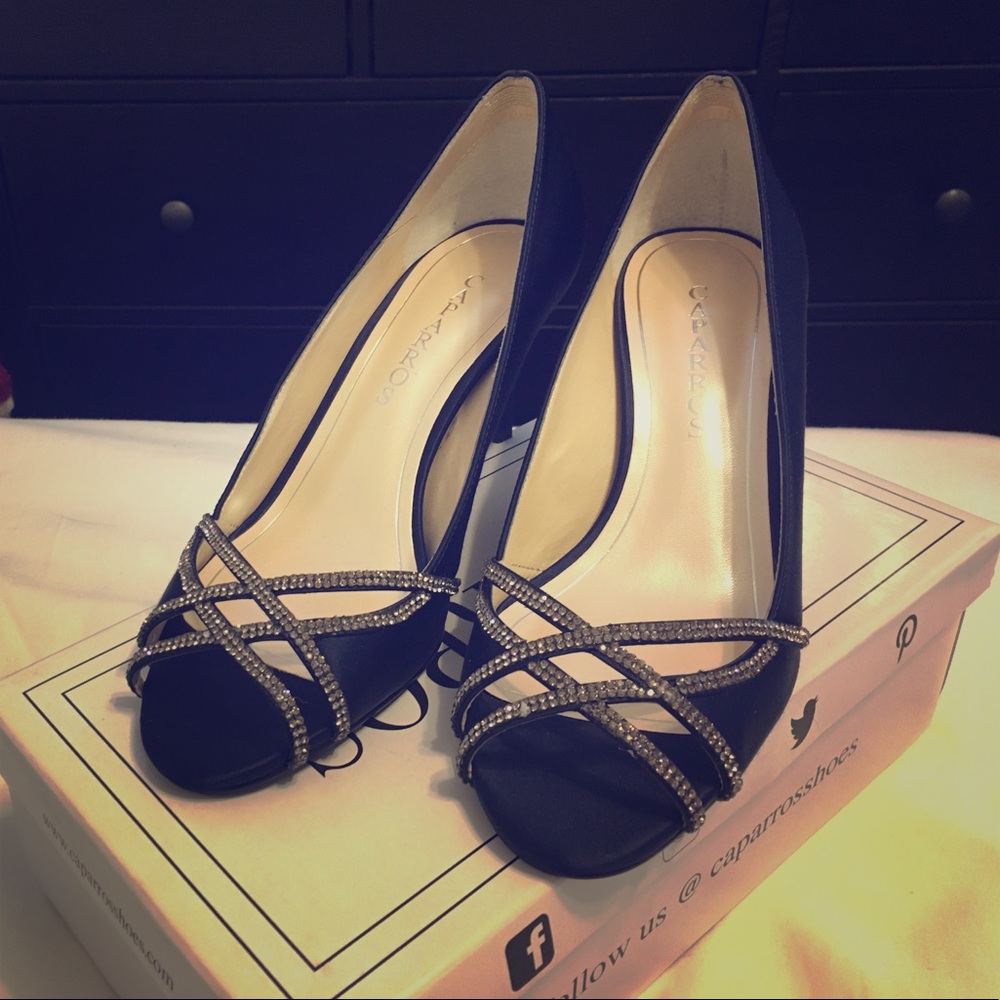 Caparros Black Satin Peep Toe Heels with Rhinestone Crisscross